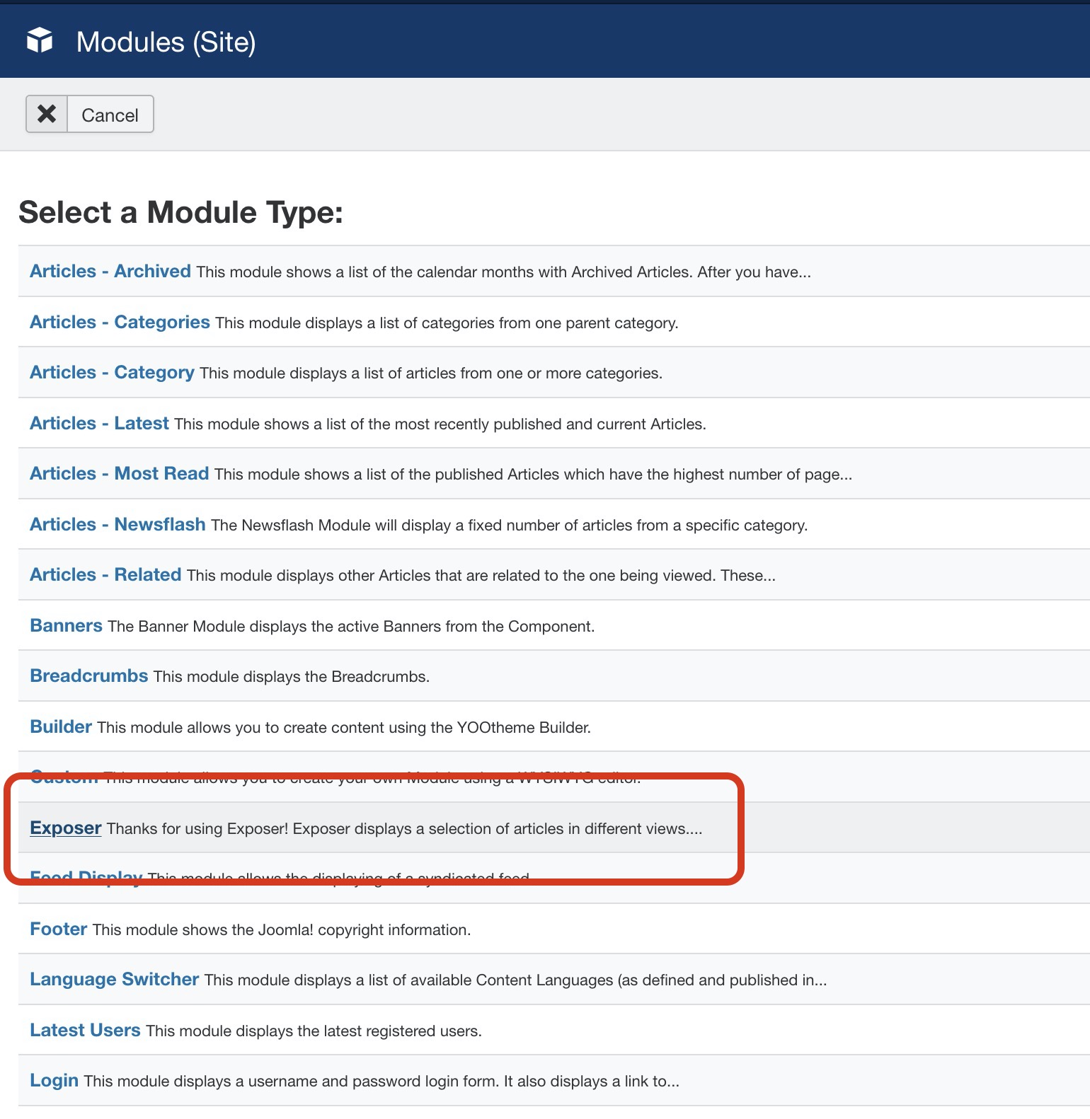 select new module exposer