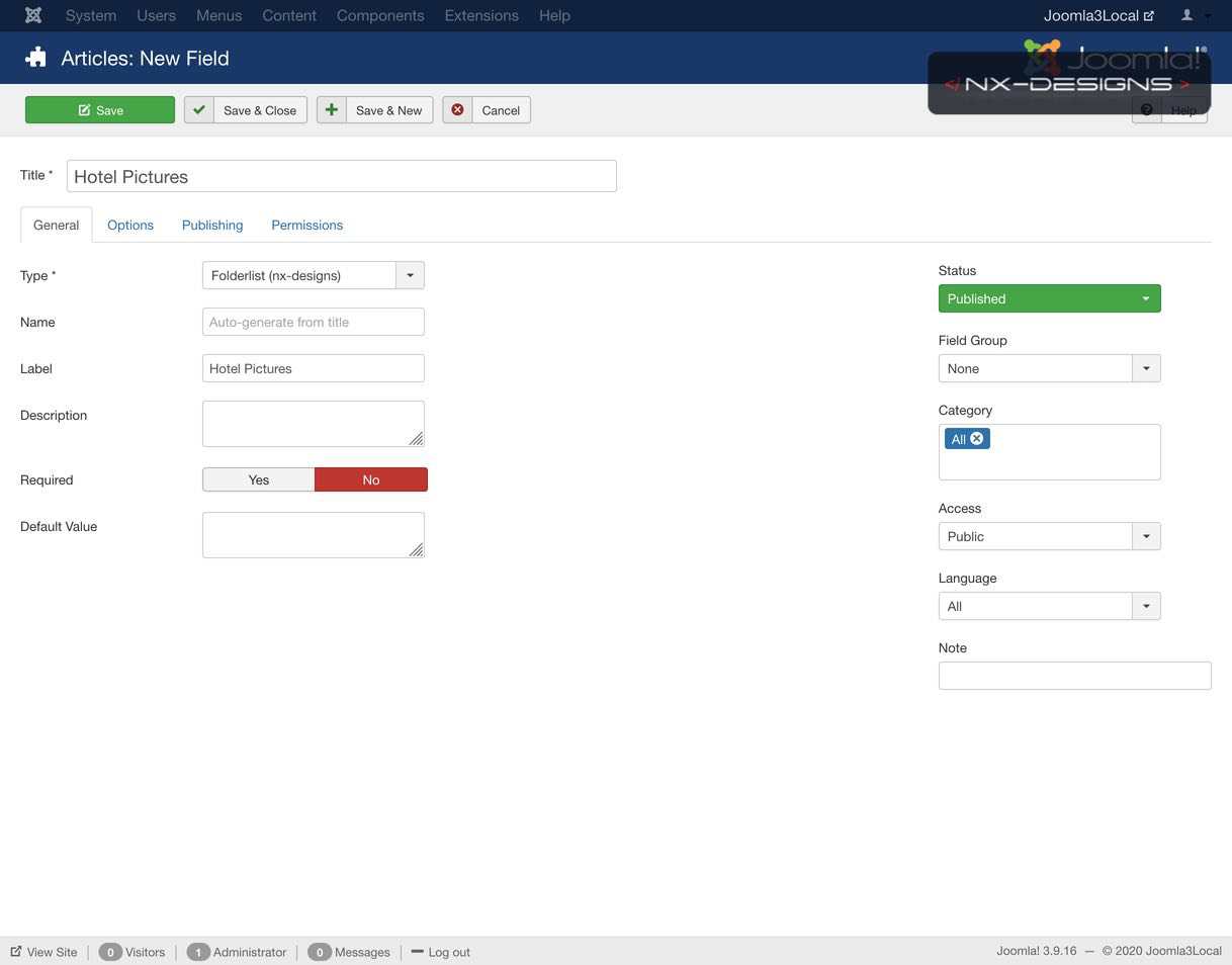 Articles New Field Joomla3Local Administration