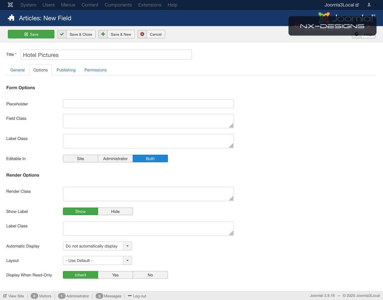 Articles New Field Joomla3Local Administration 1