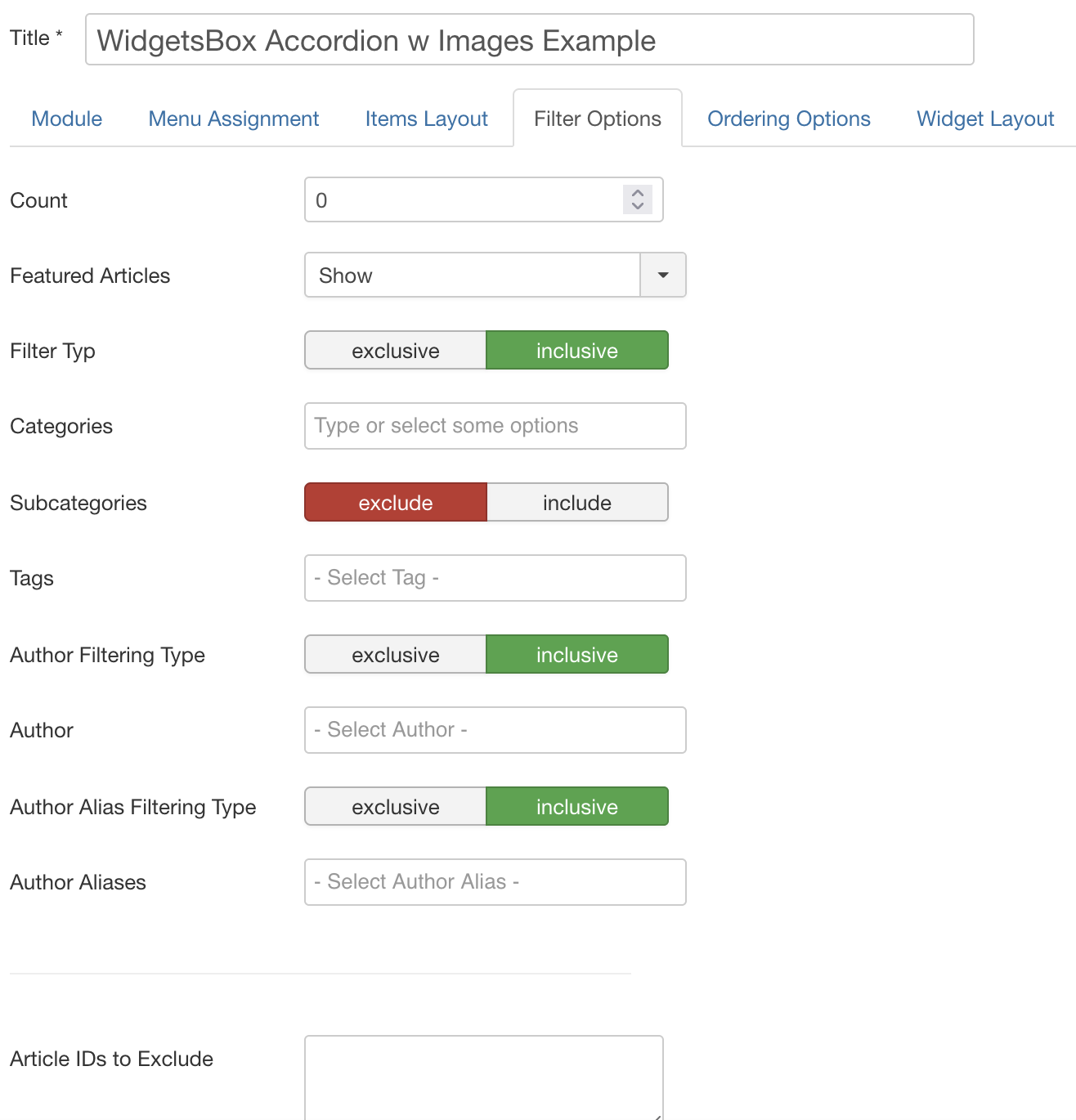 WidgetsBox filter options